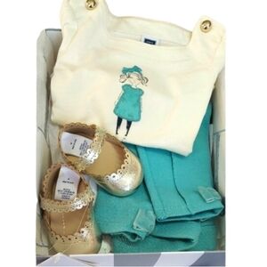 Baby Girl Janie and Jack Cream and Teal Outfit And Crib Shoes NWT Retail $154.00